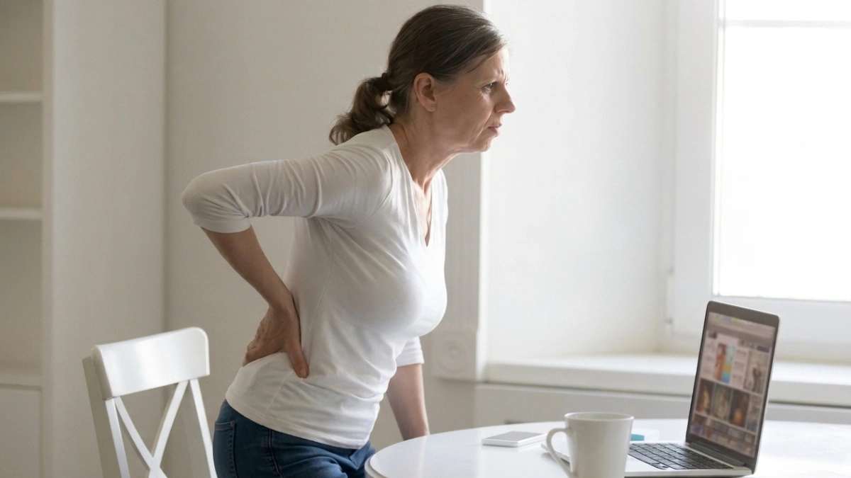 Woman in her 60s rising from a chair with hand pressed to her lower back from SI joint back pain.