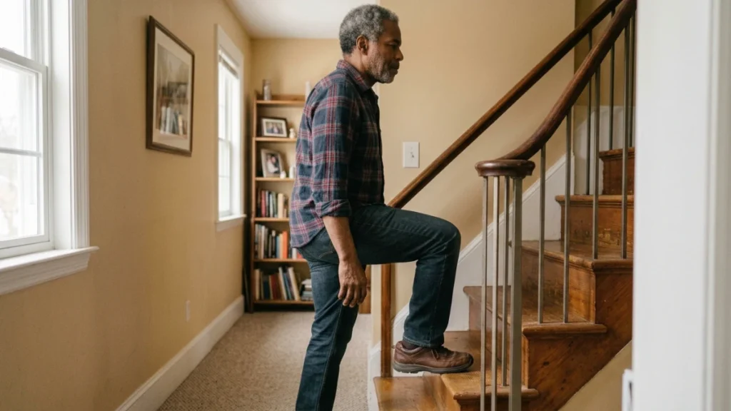 Man in his 60s climbing stairs demonstrating single-leg loading that stresses the SI joint.