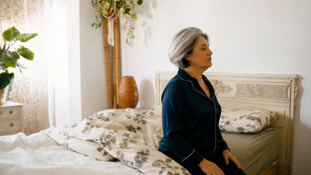 Woman in her 50s sitting on bed edge bracing before standing, recognizing a predictable morning back pain pattern.