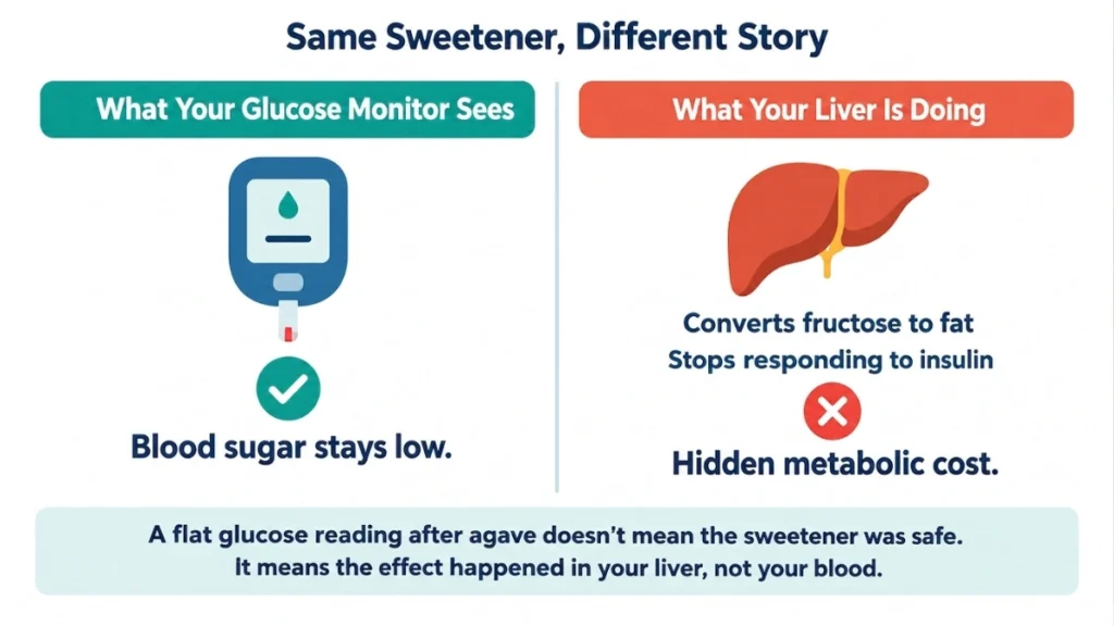 Two-state diagram of agave nectar's effect demonstrating a flat blood glucose reading on the left versus elevated liver fat storage on the right, with verdict labels showing the hidden metabolic cost.