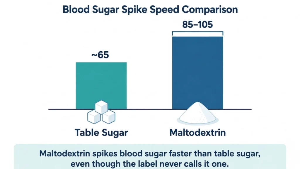 Bar chart of blood sugar spike speed comparing table sugar at 65 versus maltodextrin at 85 to 105, demonstrating that maltodextrin raises blood sugar faster, with values labeled on each bar.