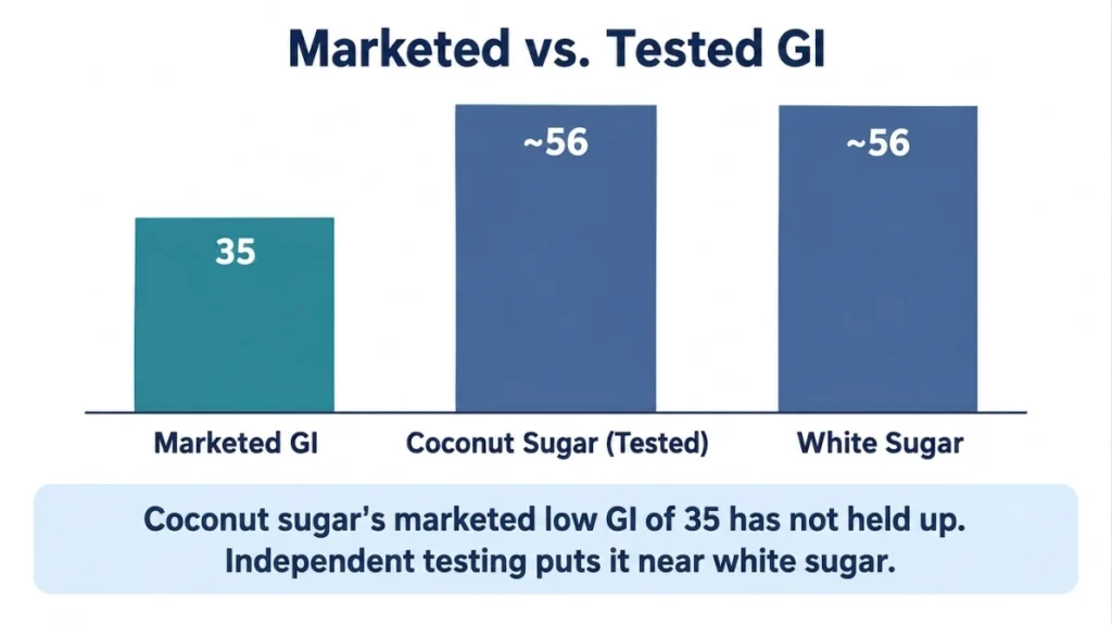 Bar chart of coconut sugar glycemic index comparing the marketed claim of 35 against the independently tested value of 56 and white sugar at 56, demonstrating the gap between label claims and research findings, with values labeled on each bar.