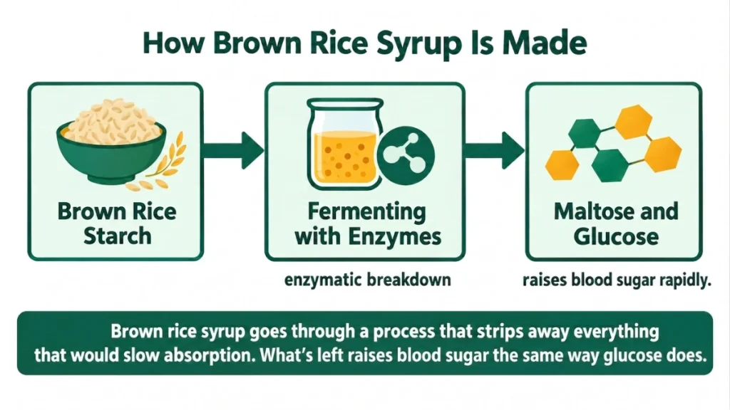 Process flow diagram of brown rice syrup production demonstrating how starch is broken down by enzymes into maltose and glucose, with arrows showing the three stages from rice to blood sugar impact.