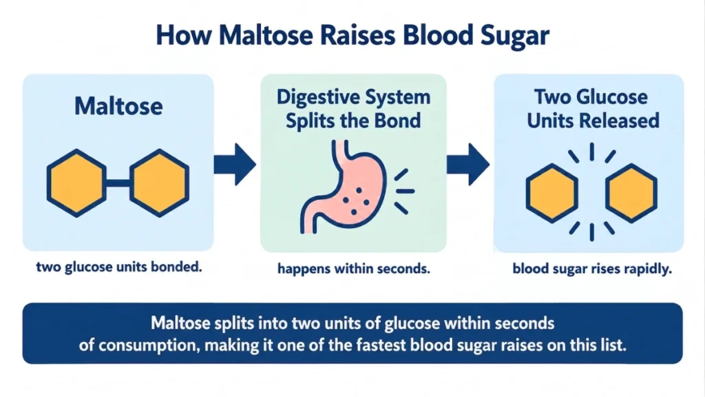 Process flow diagram of maltose digestion demonstrating how two bonded glucose units split apart within seconds of consumption, with arrows showing the three stages from molecule to rapid blood sugar rise.