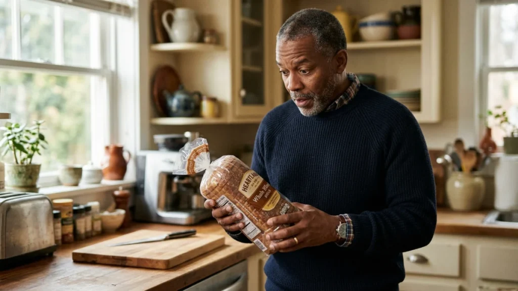Man in his 60s holding a packaged bread loaf in a kitchen with a surprised expression after checking the ingredient list for dextrose.