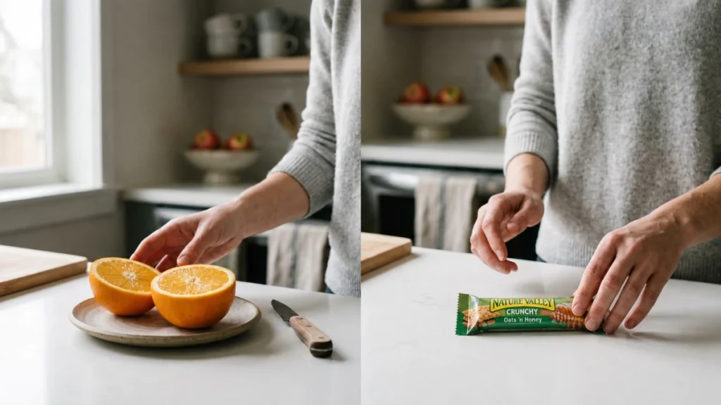 Halved fresh orange beside a packaged granola bar on a kitchen counter, contrasting whole fruit with a processed product sweetened with fruit juice concentrate.