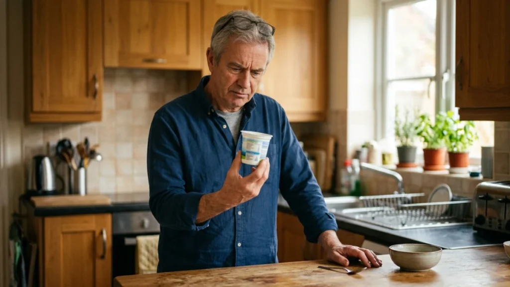 Man in his late 50s holding a yogurt container in a kitchen with a skeptical expression after discovering evaporated cane juice in the ingredient list
