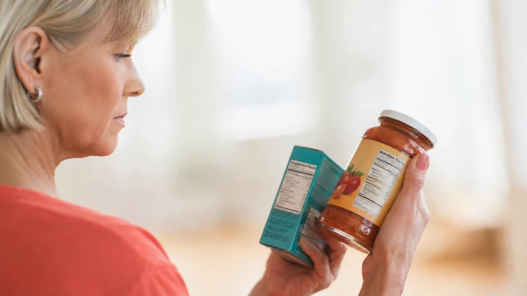 Woman in her 60s comparing two packaged food labels at a kitchen counter to catch misleading ingredient names.