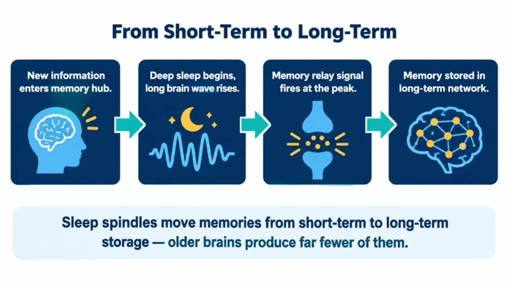 Process diagram of sleep spindle memory transfer showing four stages from new information entering the memory hub through deep sleep to long-term storage, with arrows indicating the relay direction.