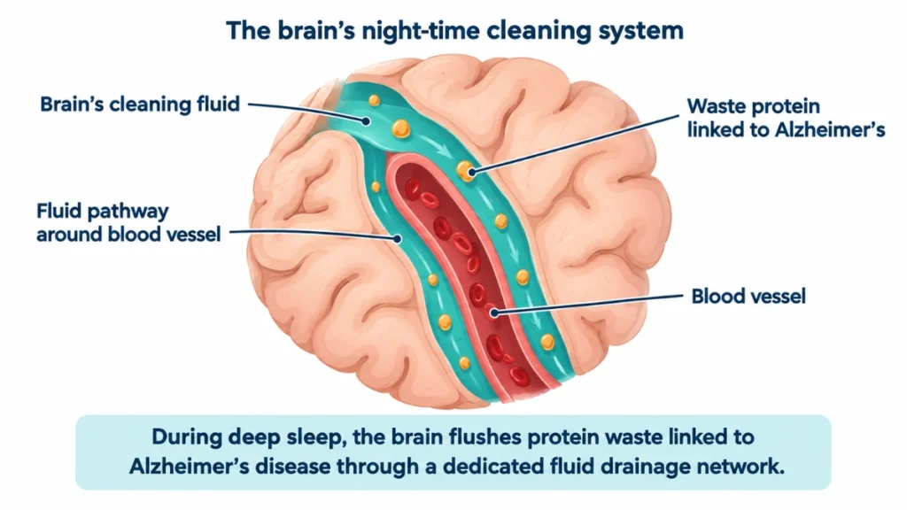 Medical illustration of the brain's fluid drainage network showing cleaning fluid flowing through pathways around blood vessels and sweeping waste proteins linked to Alzheimer's disease outward, with labeled pointer lines identifying each structure.