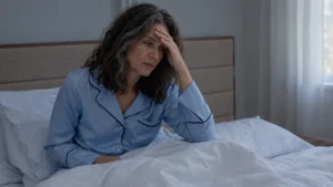 Woman in her late 50s at the edge of the bed at dawn, pressing her forehead, waking unrefreshed from deep sleep memory loss.