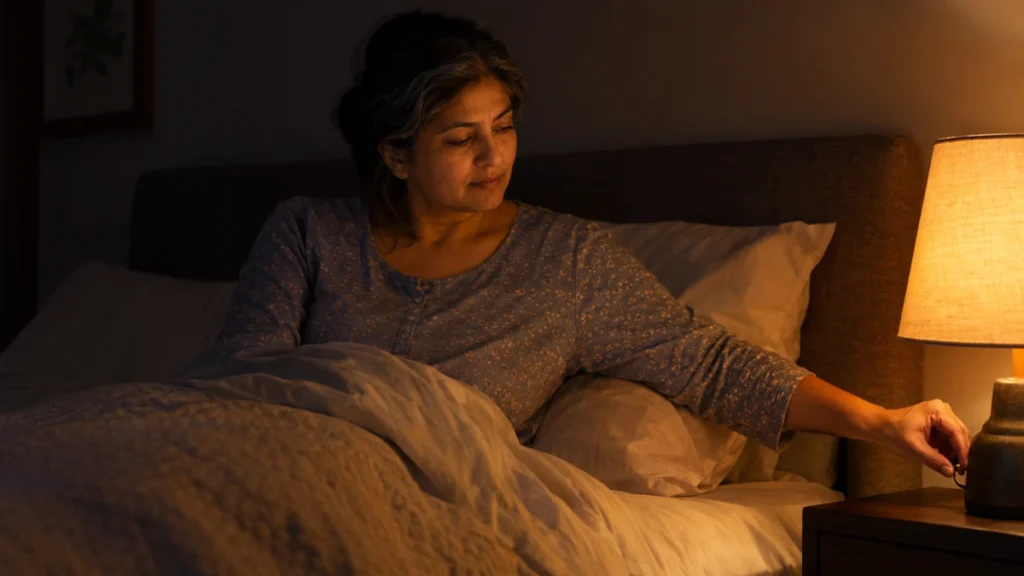 Woman in her late 50s in a dimly lit bedroom at night, settling into a deliberate sleep routine to protect her first hours of deep sleep.