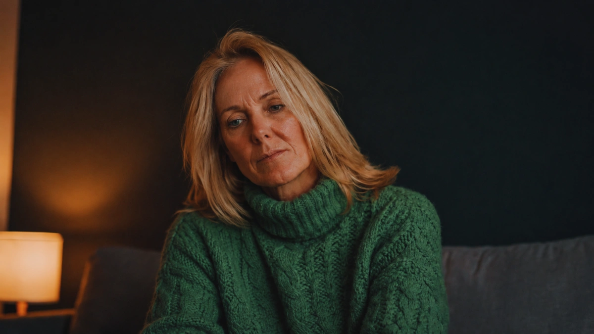 Woman in her late 50s awake in dim living room at night, the evening light at home surrounding her as she looks tired.