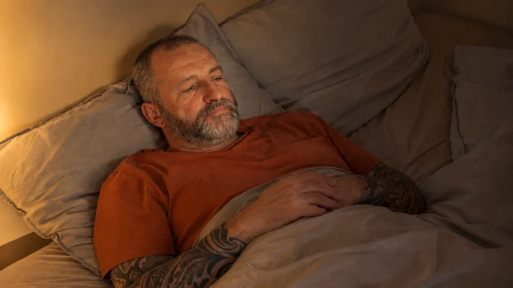 Man in his 50s lying awake in softly lit bedroom at night, room light still on in the background.