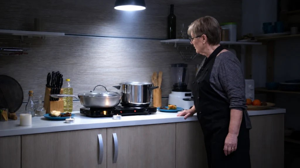 Woman in her late 50s at kitchen counter under bright overhead light in the evening, unaware of its effect on sleep