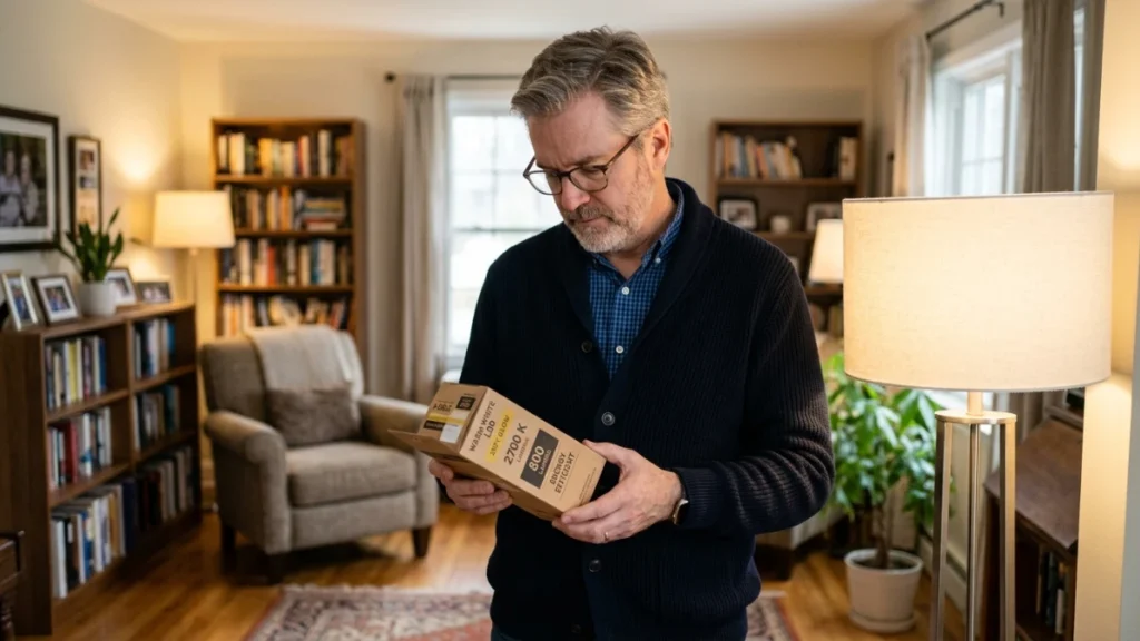 Man in his 50s reading the kelvin rating on a warm-white bulb package near a home lamp, selecting the right light for better sleep.
