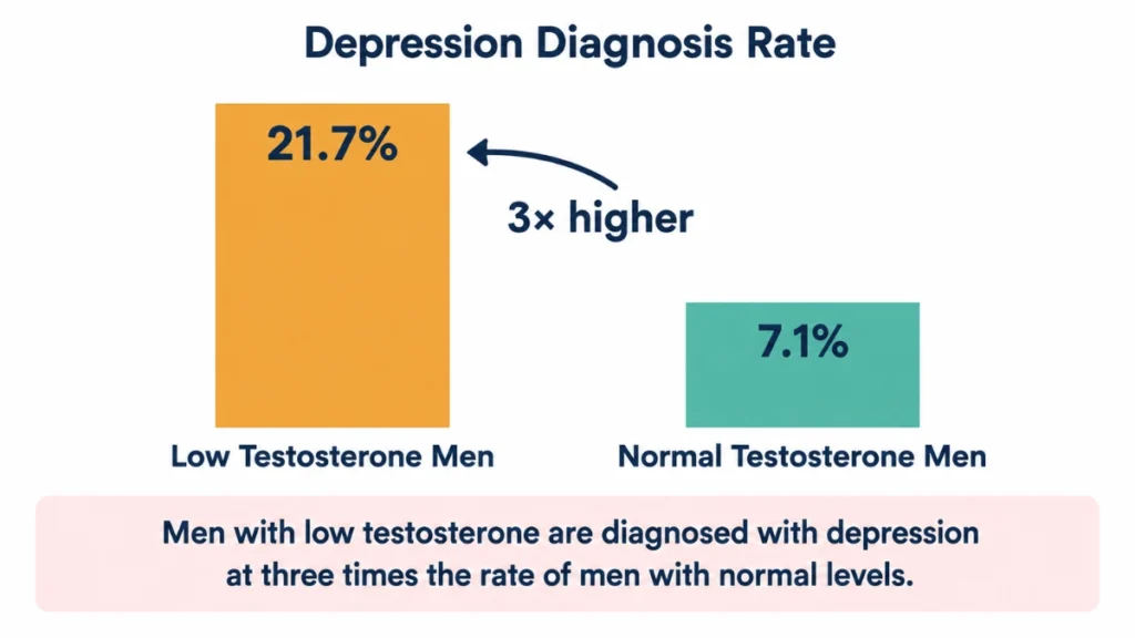 Bar chart of depression diagnosis rates demonstrating that low testosterone depression occurs at three times the rate of normal-testosterone men, with 21.7% versus 7.1% labeled on each bar.