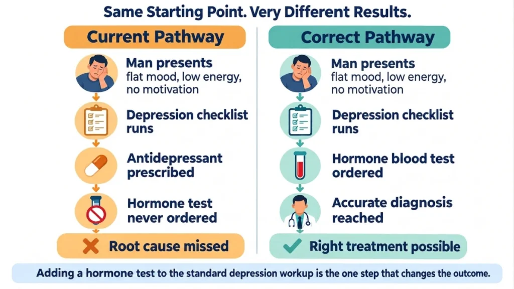 Two-state comparison diagram of the current depression diagnostic pathway against the correct pathway demonstrating that adding a hormone blood test changes the outcome, with check and cross verdict labels on each side.