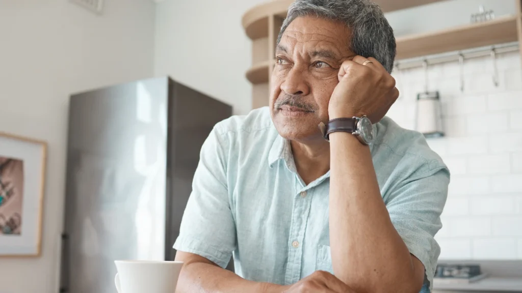 Man in his 60s sitting still at home, reflecting the flat mood and low motivation of low testosterone symptoms.