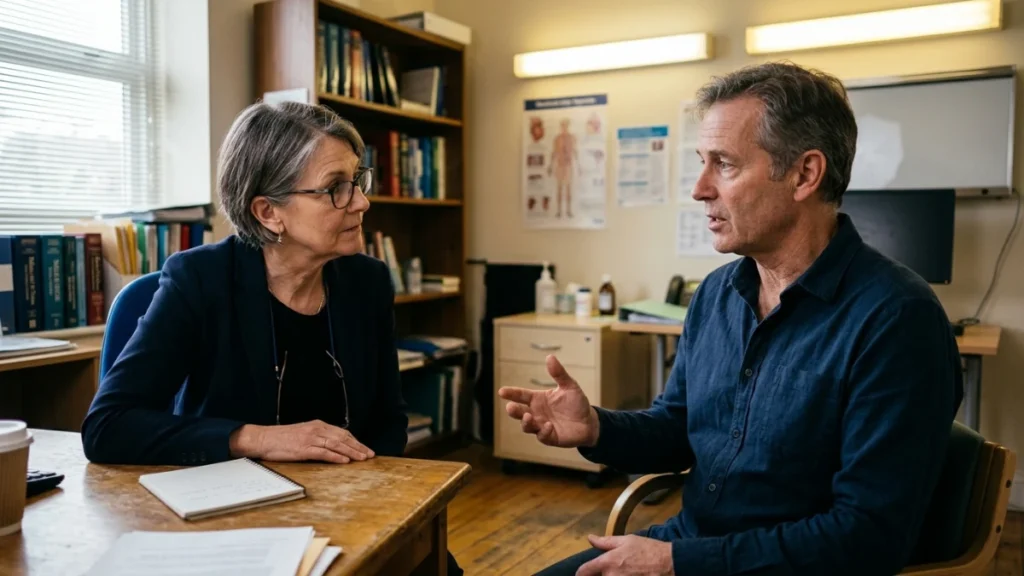 Man in his 60s speaking directly with a doctor at a clinic appointment, taking action steps to request hormone blood testing.