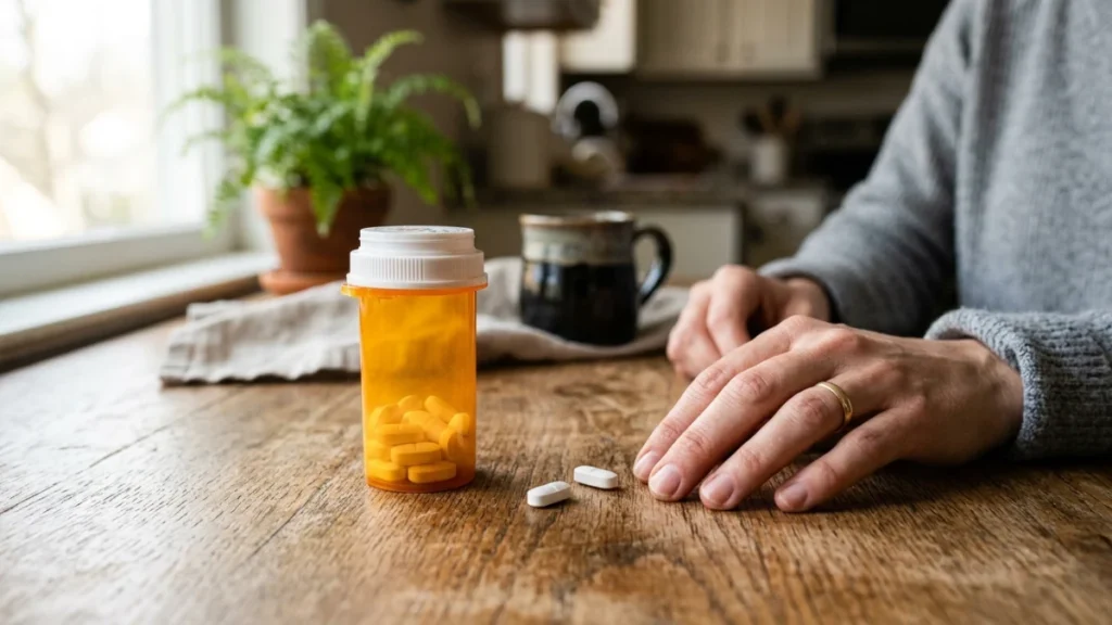 Prescription bottle on a kitchen table beside a coffee mug, with pills and a man's hand in morning light.