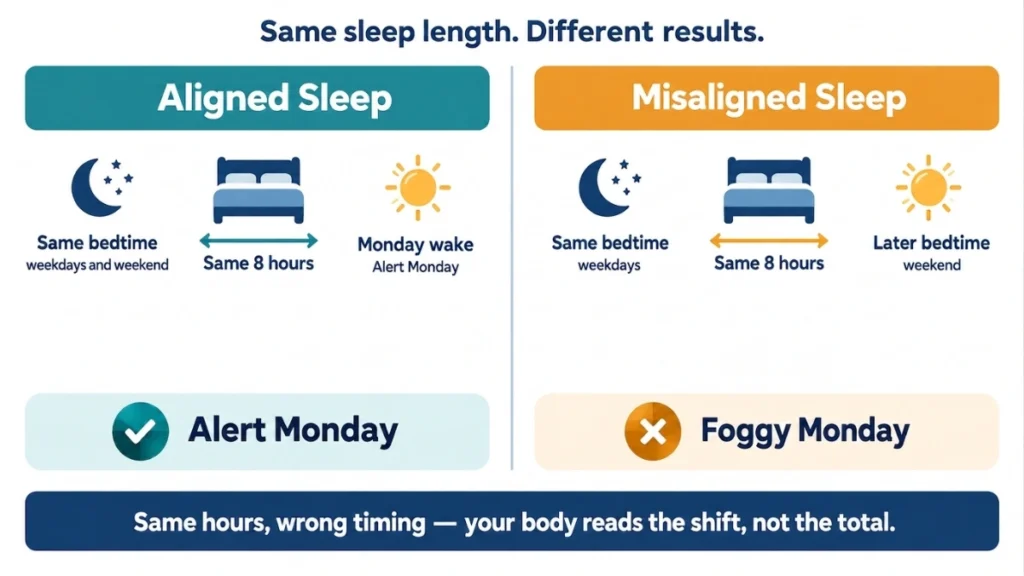 Two-state diagram of aligned versus misaligned weekend sleep timing demonstrating how identical sleep hours produce different Monday alertness outcomes, with a check on the aligned side and a cross on the misaligned side.
