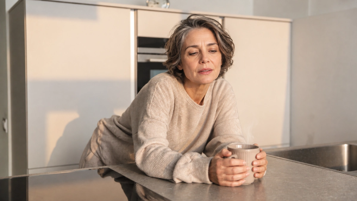 Woman in her 50s holding a steaming mug in a dim kitchen, caught in the social jetlag fog before her week has started.