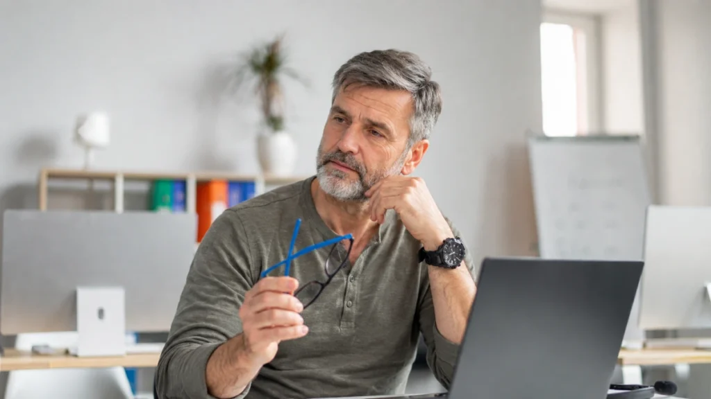 Man in his 50s at a home office desk, gaze unfocused, struggling to focus on a slow Monday morning.
