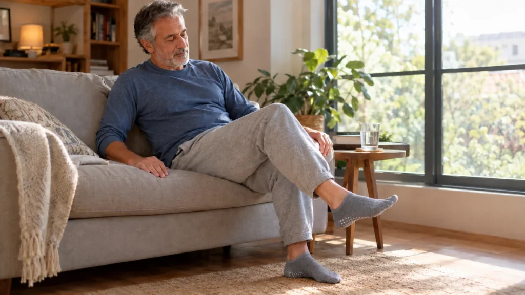 Man in his 60s resting on a sofa with grip socks beside a glass of water to support joint mobility and hydration habits.