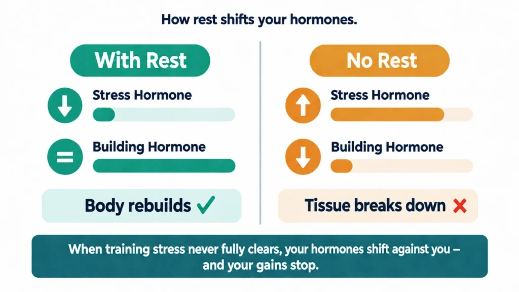 Two-state comparison diagram of stress and building hormones demonstrating how accumulated training without rest suppresses recovery, with mirrored indicators showing the hormonal shift on each side.