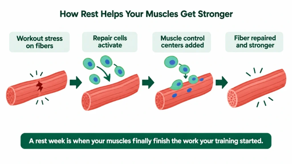 Process flow diagram of muscle repair during rest demonstrating how repair cells activate and add muscle control centers to strengthen fibers, with four illustrated stages connected by arrows.
