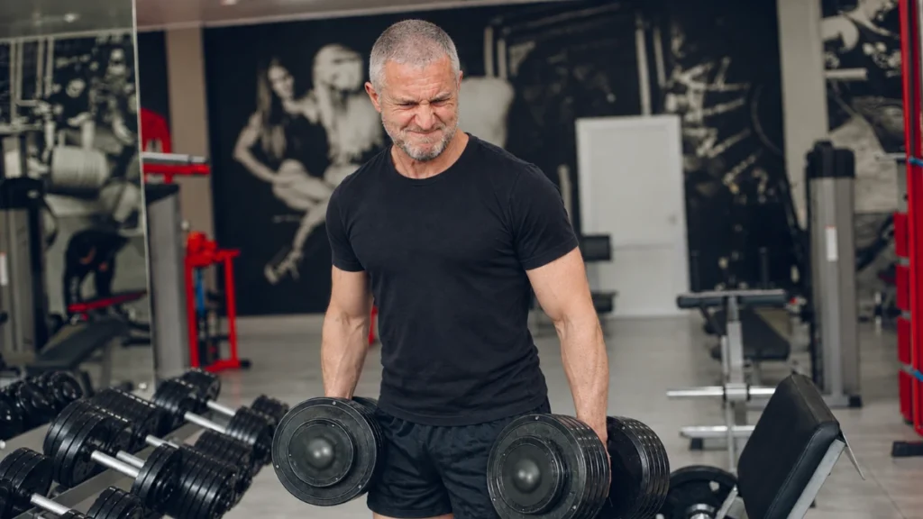 Man in his 50s straining through a dumbbell curl that should feel easier, showing signs of training fatigue and stalled progress.