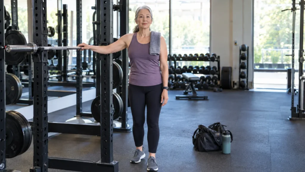 Woman in her 60s returning to the gym weight rack with calm confidence after taking time off from training.