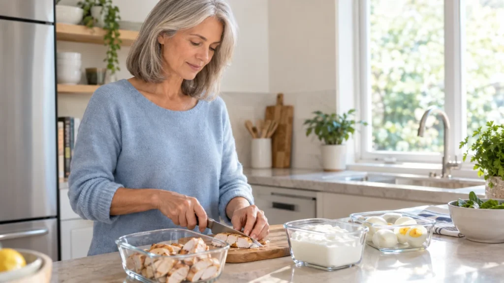 Woman in her 60s preparing a protein-rich meal at home during a rest week, supporting muscle repair through consistent nutrition.
