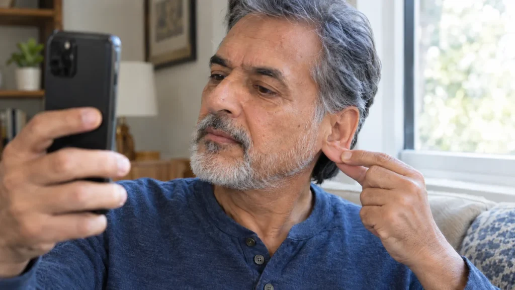 Man in his 60s pulling earlobe forward while taking a phone selfie to check for diagonal crease.