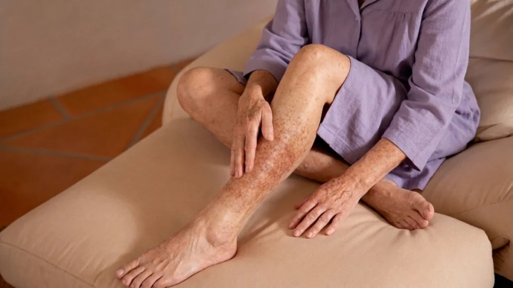 Close-up of older woman's shins showing reddish-brown skin discoloration linked to poor circulation.