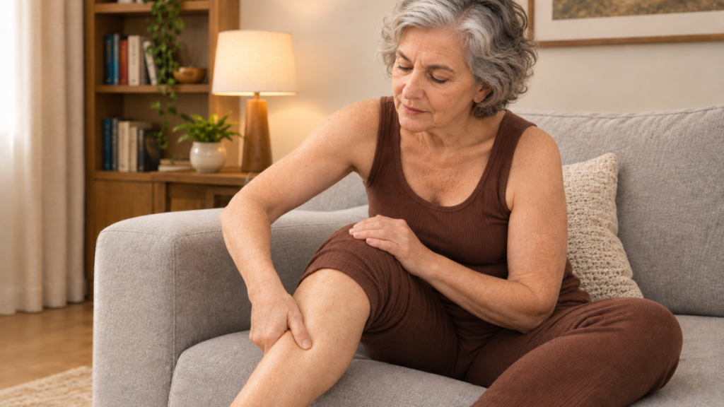 Woman pressing thumb into her shin on a couch to check for pitting edema, a cardiac swelling sign.