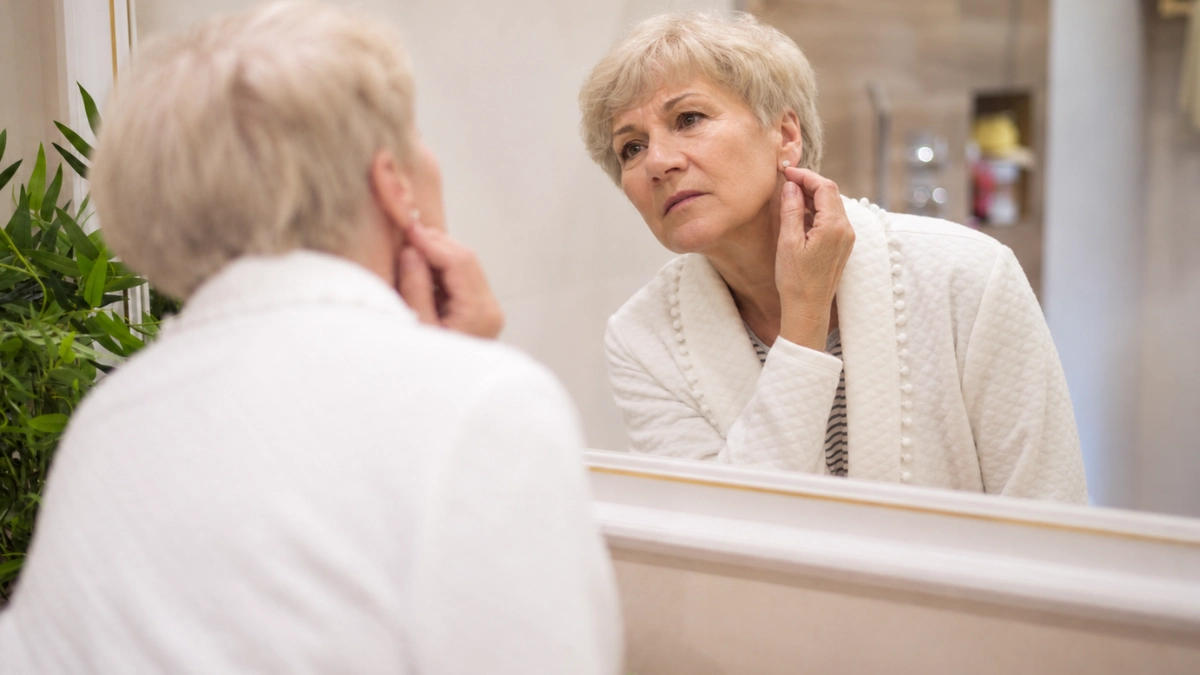 Woman in her 60s examining her earlobe in a mirror, checking for heart after 60 warning signs visible on the skin.