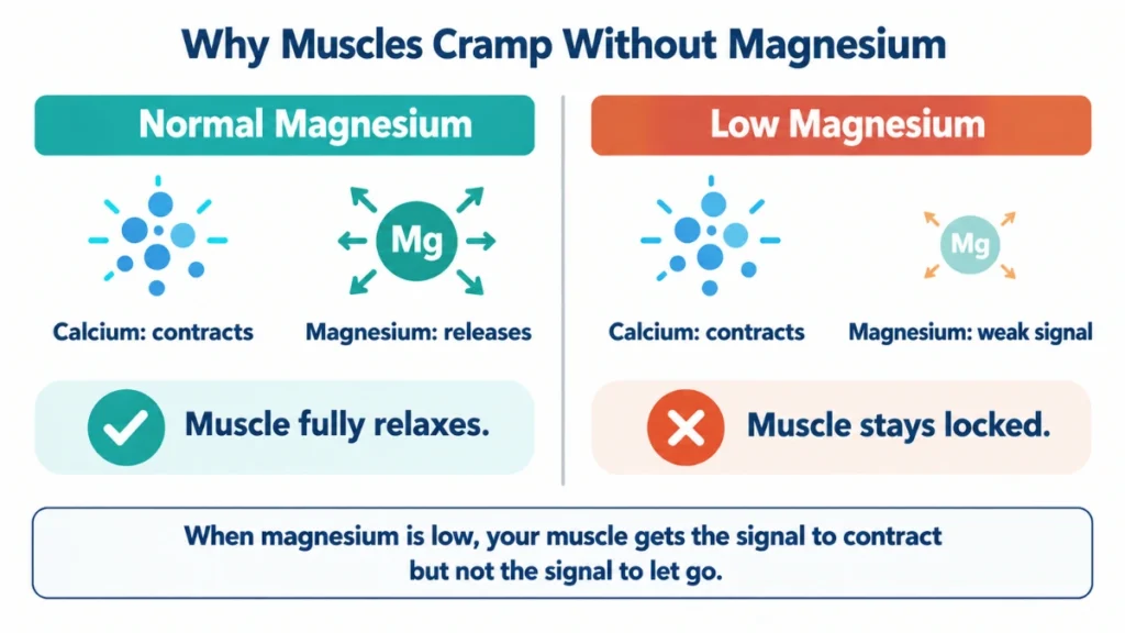 Two-state diagram showing how normal magnesium fully relaxes muscles while low magnesium leaves them locked, with verdict labels and a conclusion box below.