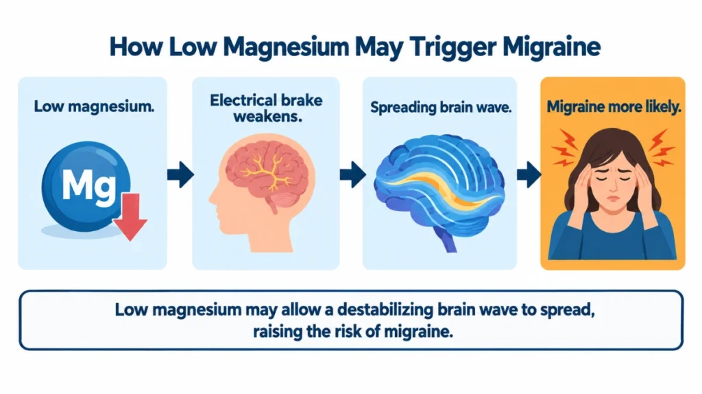 Four-stage process diagram showing how low magnesium weakens the brain's electrical brake, allowing a spreading brain wave and raising migraine risk, with arrows connecting each stage.