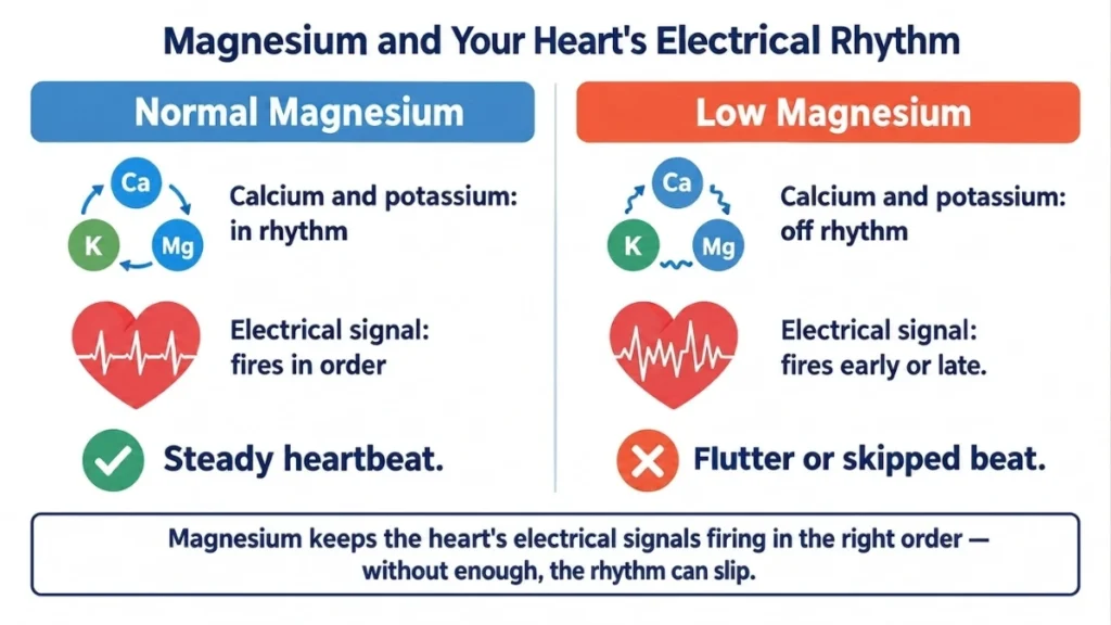 Two-state diagram comparing normal magnesium's role in steady heart rhythm against low magnesium's connection to flutter and skipped beats, with verdict labels on each side.
