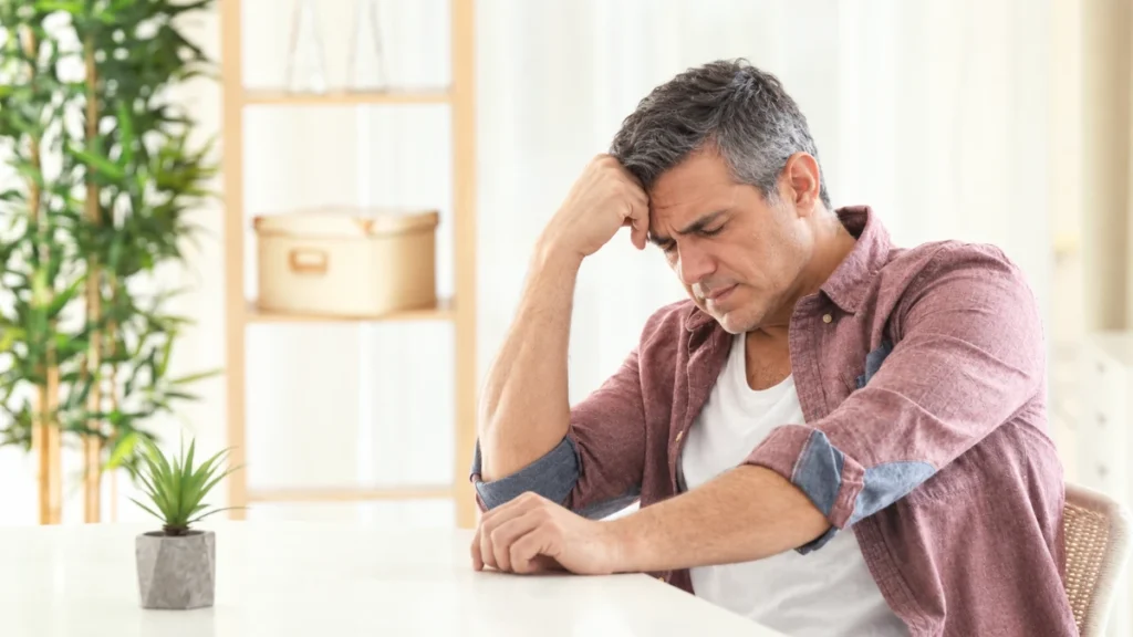 Man in his 50s sitting at a desk with fist pressed to his temple, expression carrying contained frustration after reacting more sharply than he intended.
