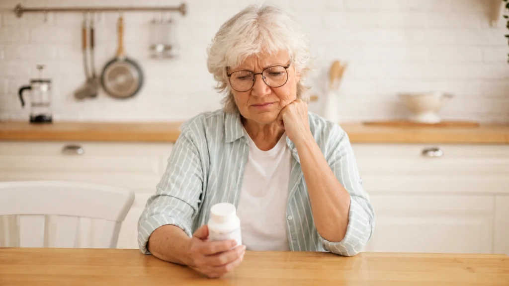 Woman in her 60s at a kitchen table holding a supplement bottle with a furrowed brow, quietly frustrated after years of consistent supplementation.