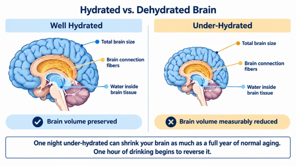 Two-state diagram of hydrated versus dehydrated brain demonstrating measurable volume loss after one night without enough fluids, with cool blue and amber panels separated by a center divider.