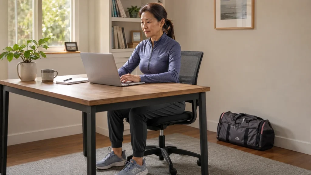 Woman in her 50s at home desk with gym bag nearby sitting absorbed in laptop despite morning workout.