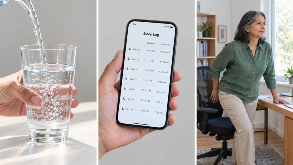 Three-panel collage of daily brain health audit actions showing water, sleep tracking, and standing break habits.